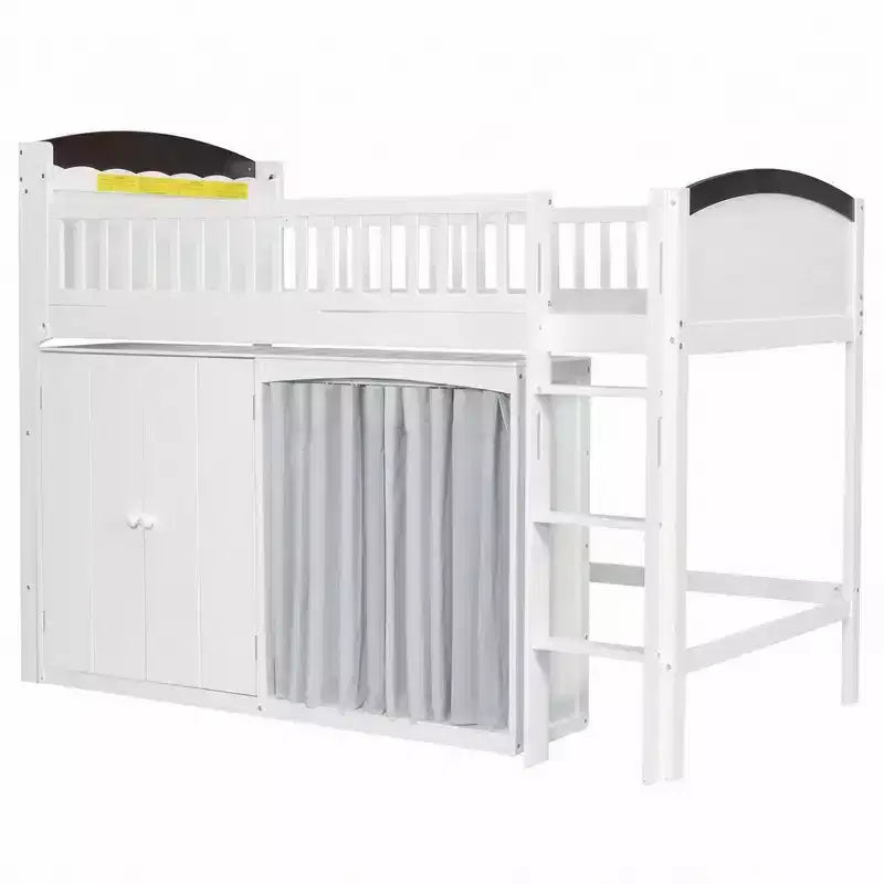 Lit mezzanine simple/double pour enfants avec armoire de rangement, penderie avec rideau et lumière LED