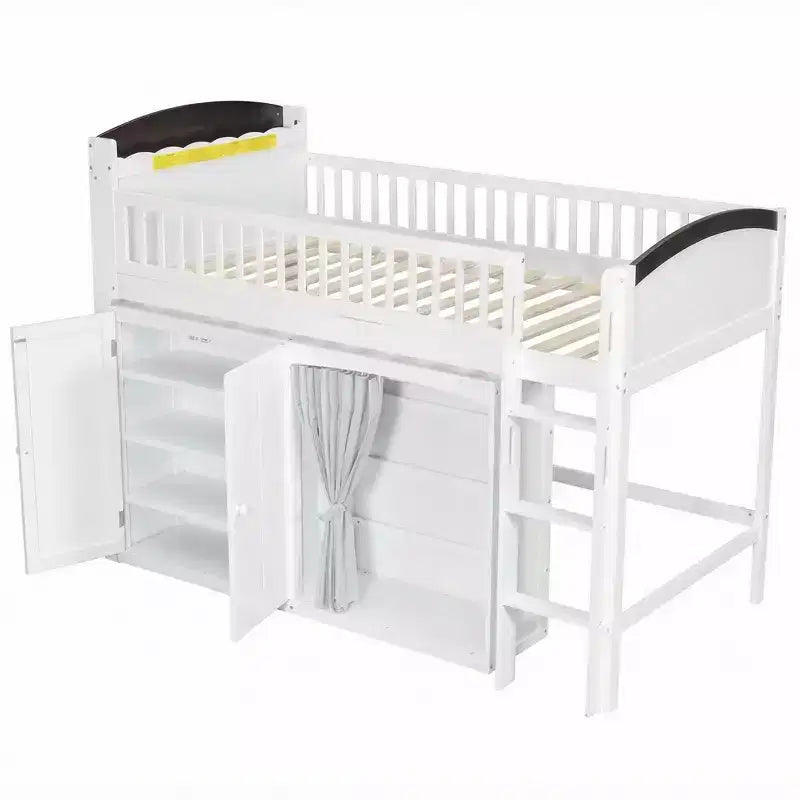 Lit mezzanine simple/double pour enfants avec armoire de rangement, penderie avec rideau et lumière LED