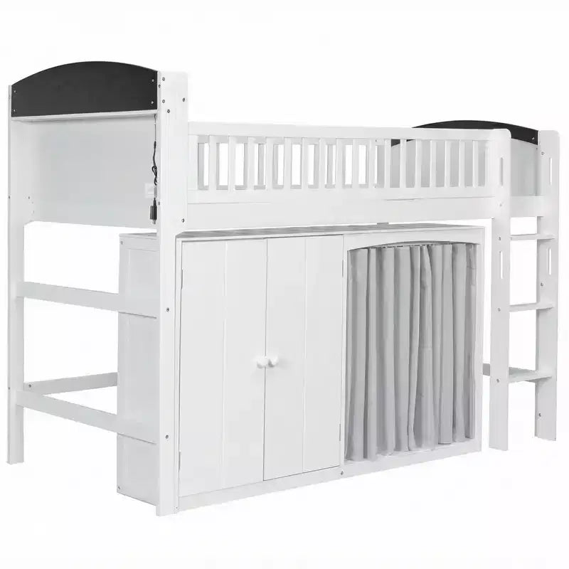 Lit mezzanine simple/double pour enfants avec armoire de rangement, penderie avec rideau et lumière LED