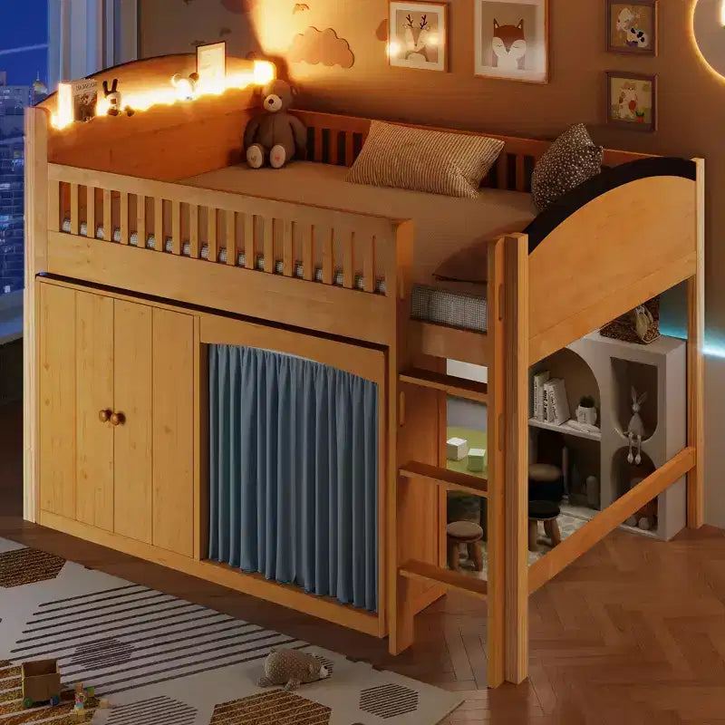 Lit mezzanine simple/double pour enfants avec armoire de rangement, penderie avec rideau et lumière LED