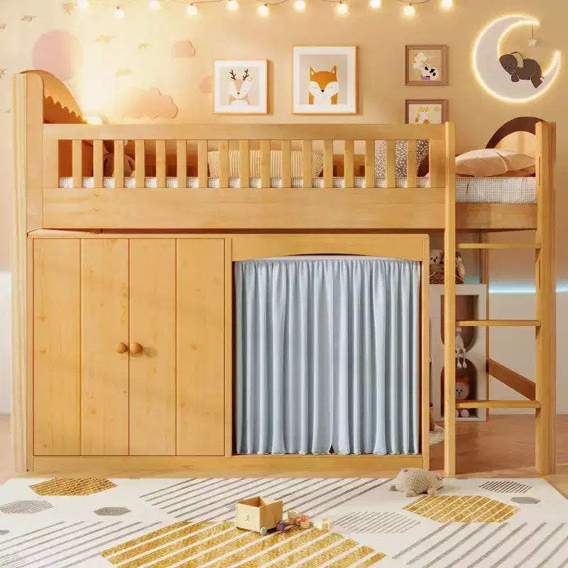 Lit mezzanine simple/double pour enfants avec armoire de rangement, penderie avec rideau et lumière LED