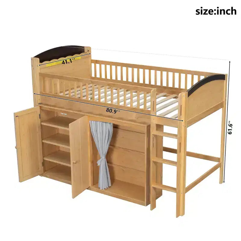 Lit mezzanine simple/double pour enfants avec armoire de rangement, penderie avec rideau et lumière LED