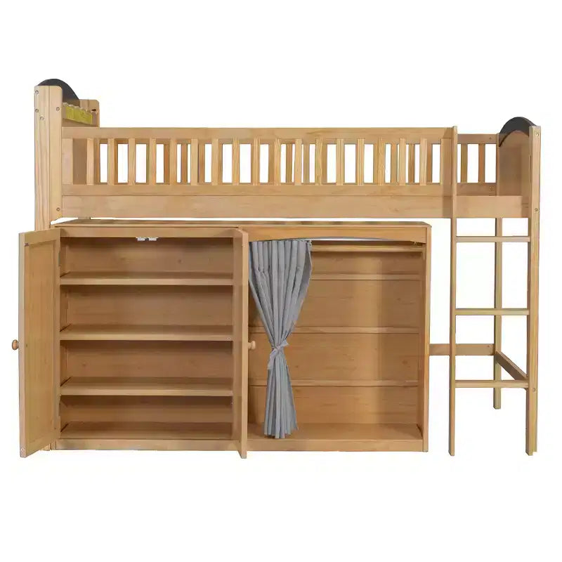 Lit mezzanine simple/double pour enfants avec armoire de rangement, penderie avec rideau et lumière LED