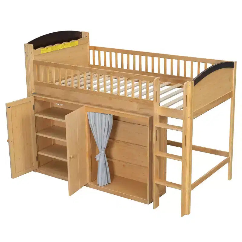 Lit mezzanine simple/double pour enfants avec armoire de rangement, penderie avec rideau et lumière LED