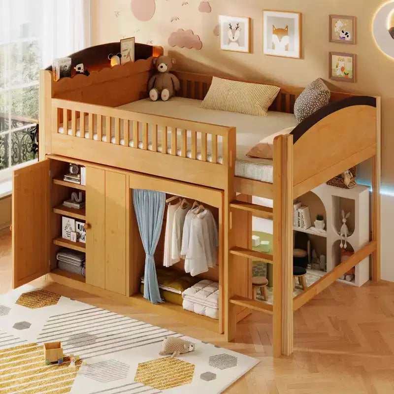 Twin/Full Size Loft Bed for Kids with Storage Cabinet, Wardrobe with Curtain &amp; LED Light - ModernLuxe