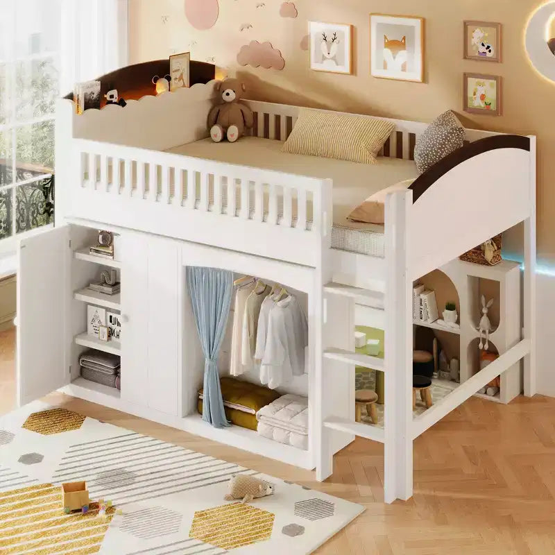 Lit mezzanine simple/double pour enfants avec armoire de rangement, penderie avec rideau et lumière LED