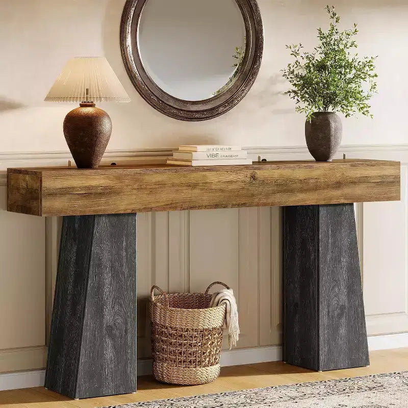 Lantine 63-Inch Farmhouse Entryway Table, Long Wooden Sofa Console Table with Double Trapezoid Bases for Living Room, Hallway, Entrance