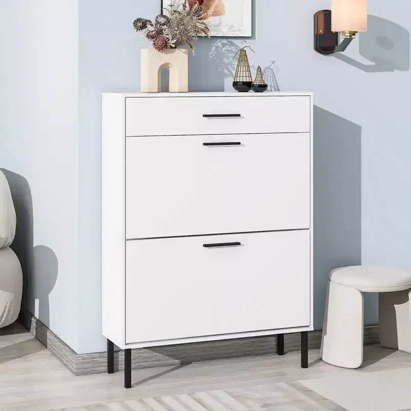 Modern Freestanding Shoe Cabinet, Narrow Shoe Rack Cabinet with 2 Flip Drawers, Shoe Cabinet Organizer with Metal Leg for Entryway Hallway