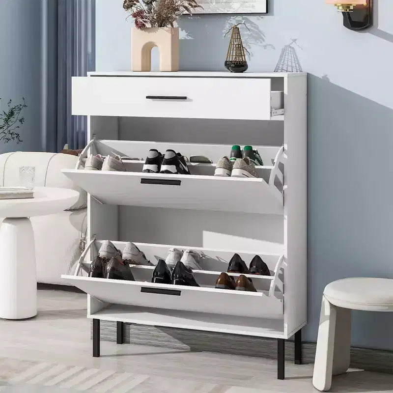 Meuble à chaussures autoportant moderne, Meuble à chaussures étroit avec 2 tiroirs basculants, Organisateur de chaussures avec pieds en métal pour entrée et couloir