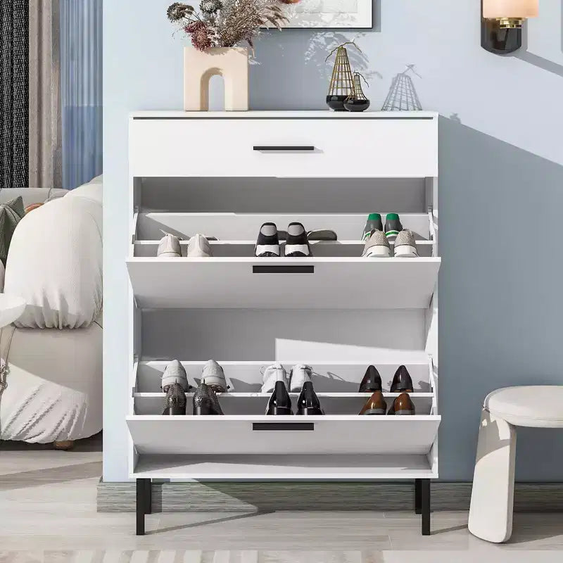 Meuble à chaussures autoportant moderne, Meuble à chaussures étroit avec 2 tiroirs basculants, Organisateur de chaussures avec pieds en métal pour entrée et couloir