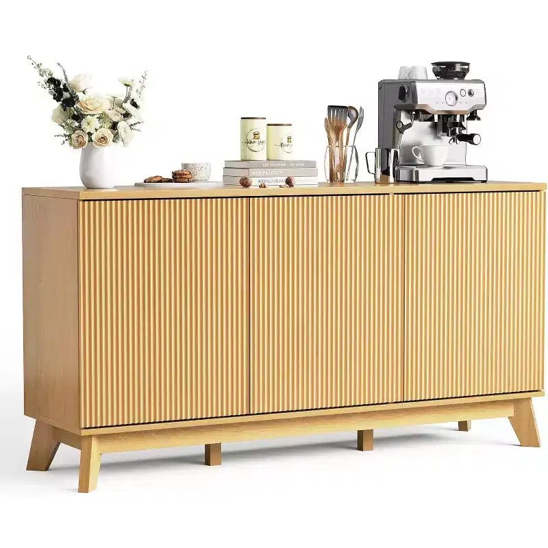 58 Farmhouse Sideboard Buffet Cabinet with 3 Fluted Doors &amp; Adjustable Shelves - 58 Inch Farmhouse Buffet Cabinet with Storage
