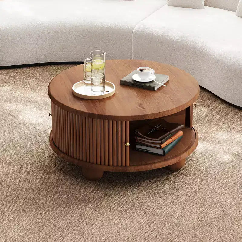 Table Basse Ovale/Ronde Table Centrale Cannelée Table d'Appoint de Canapé Table Basse de Rangement avec Cadre en Bois Massif