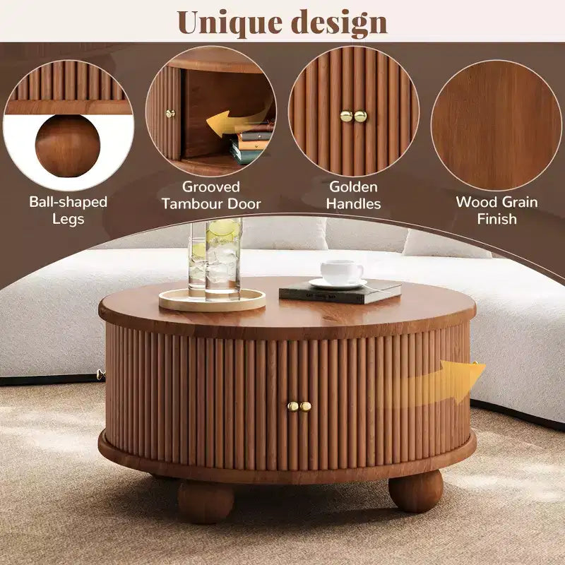 Table Basse Ovale/Ronde Table Centrale Cannelée Table d'Appoint de Canapé Table Basse de Rangement avec Cadre en Bois Massif