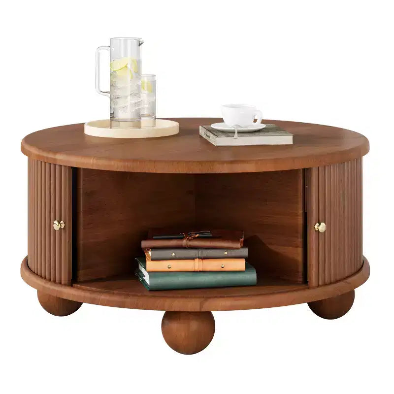 Table Basse Ovale/Ronde Table Centrale Cannelée Table d'Appoint de Canapé Table Basse de Rangement avec Cadre en Bois Massif