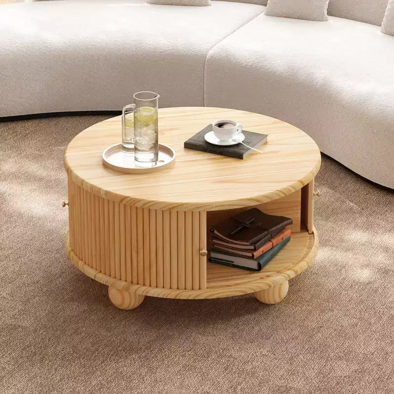Table Basse Ovale/Ronde Table Centrale Cannelée Table d'Appoint de Canapé Table Basse de Rangement avec Cadre en Bois Massif