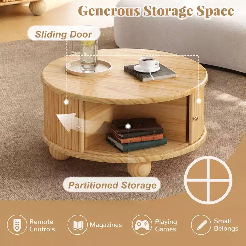Table Basse Ovale/Ronde Table Centrale Cannelée Table d'Appoint de Canapé Table Basse de Rangement avec Cadre en Bois Massif
