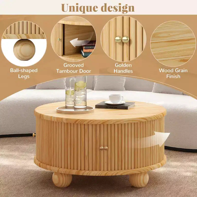 Table Basse Ovale/Ronde Table Centrale Cannelée Table d'Appoint de Canapé Table Basse de Rangement avec Cadre en Bois Massif