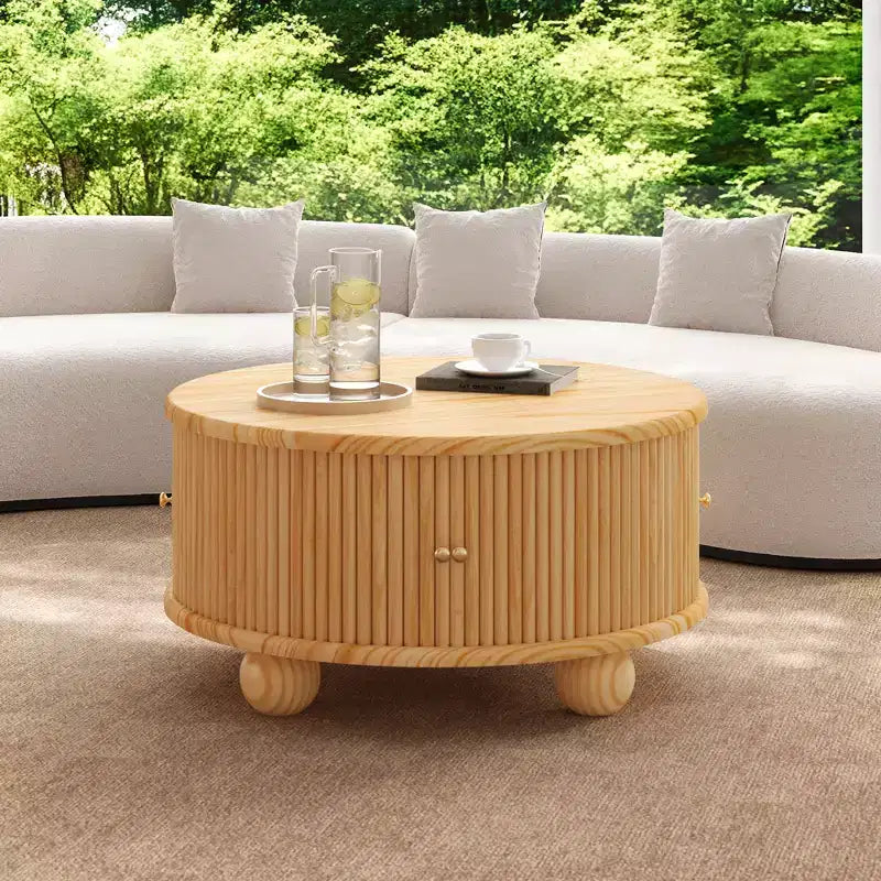 Oval/Round Coffee Table Fluted Center Table Sofa Side Table Storage Cocktail Table with Solid Wood Frame - ModernLuxe