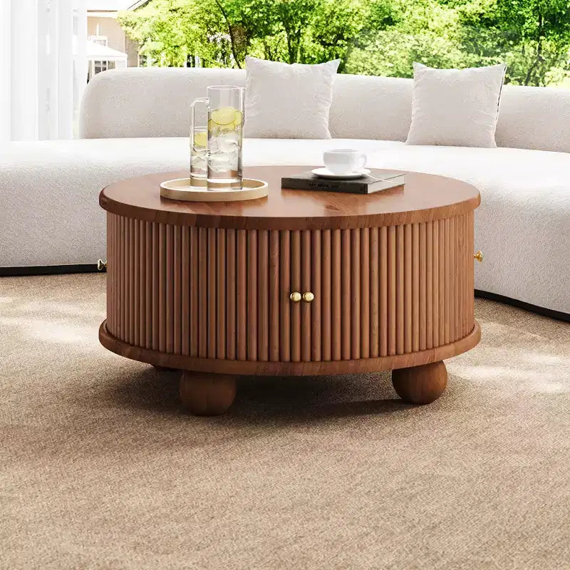Table Basse Ovale/Ronde Table Centrale Cannelée Table d'Appoint de Canapé Table Basse de Rangement avec Cadre en Bois Massif