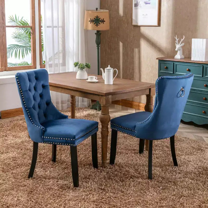 Chaises de salle à manger en velours avec pieds en bois, chaises de salle à manger avec garniture cloutée, chaises de salle à manger sans accoudoirs pour salon