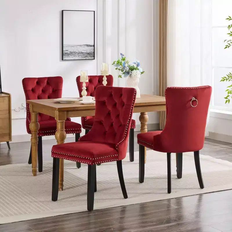 Chaises de salle à manger en velours avec pieds en bois, chaises de salle à manger avec garniture cloutée, chaises de salle à manger sans accoudoirs pour salon