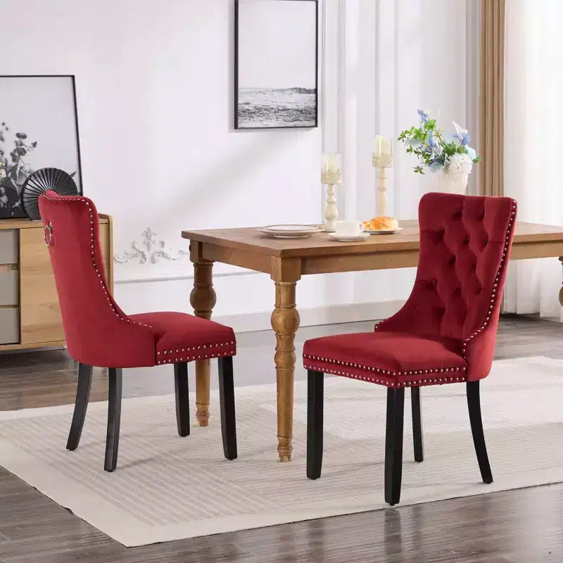 Chaises de salle à manger en velours avec pieds en bois, chaises de salle à manger avec garniture cloutée, chaises de salle à manger sans accoudoirs pour salon