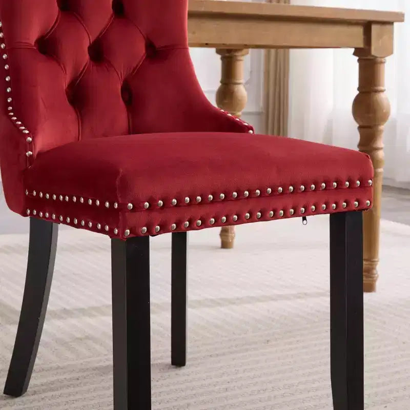 Chaises de salle à manger en velours avec pieds en bois, chaises de salle à manger avec garniture cloutée, chaises de salle à manger sans accoudoirs pour salon