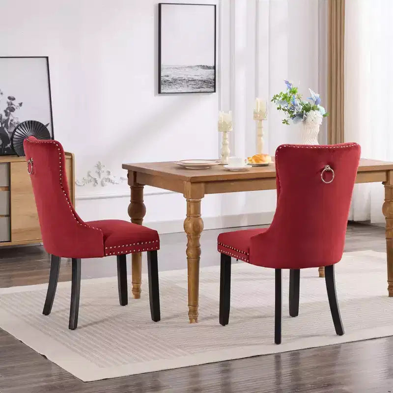 Chaises de salle à manger en velours avec pieds en bois, chaises de salle à manger avec garniture cloutée, chaises de salle à manger sans accoudoirs pour salon