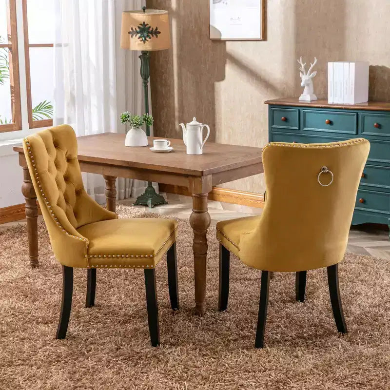 Chaises de salle à manger en velours avec pieds en bois, chaises de salle à manger avec garniture cloutée, chaises de salle à manger sans accoudoirs pour salon