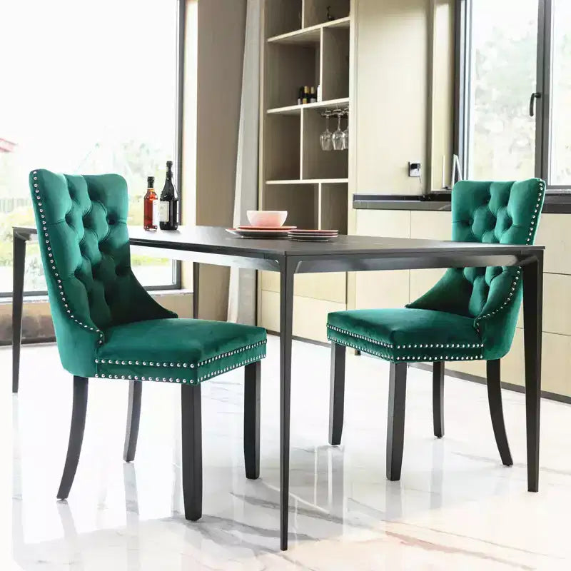 Chaises de salle à manger en velours avec pieds en bois, chaises de salle à manger avec garniture cloutée, chaises de salle à manger sans accoudoirs pour salon