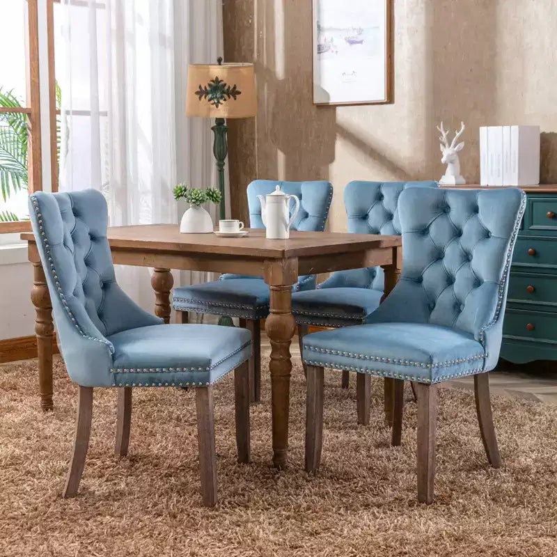 Chaises de salle à manger en velours avec pieds en bois, chaises de salle à manger avec garniture cloutée, chaises de salle à manger sans accoudoirs pour salon