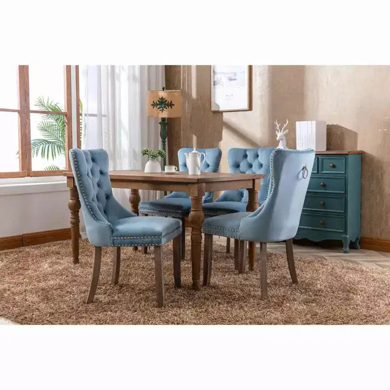 Chaises de salle à manger en velours avec pieds en bois, chaises de salle à manger avec garniture cloutée, chaises de salle à manger sans accoudoirs pour salon