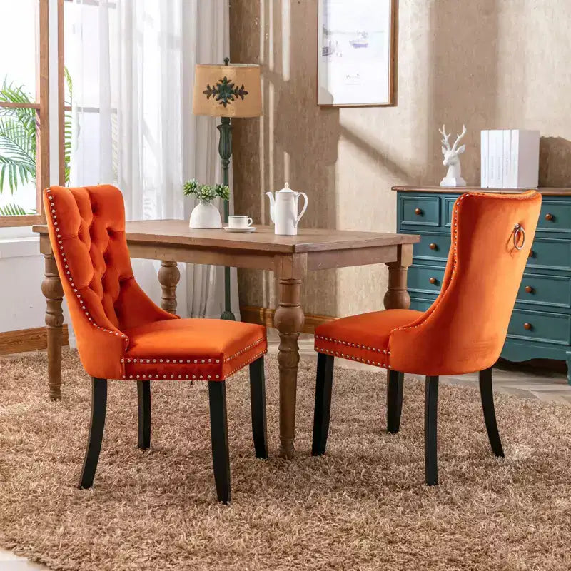 Chaises de salle à manger en velours avec pieds en bois, chaises de salle à manger avec garniture cloutée, chaises de salle à manger sans accoudoirs pour salon