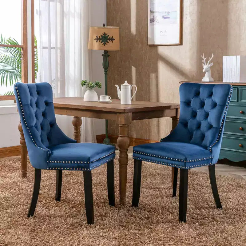 Chaises de salle à manger en velours avec pieds en bois, chaises de salle à manger avec garniture cloutée, chaises de salle à manger sans accoudoirs pour salon