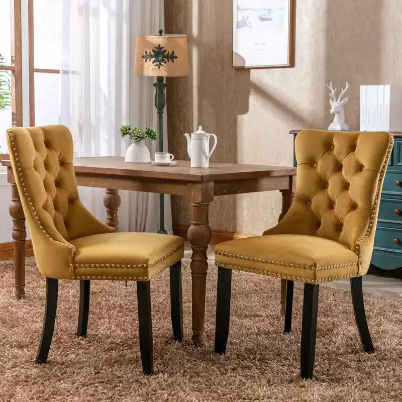Chaises de salle à manger en velours avec pieds en bois, chaises de salle à manger avec garniture cloutée, chaises de salle à manger sans accoudoirs pour salon
