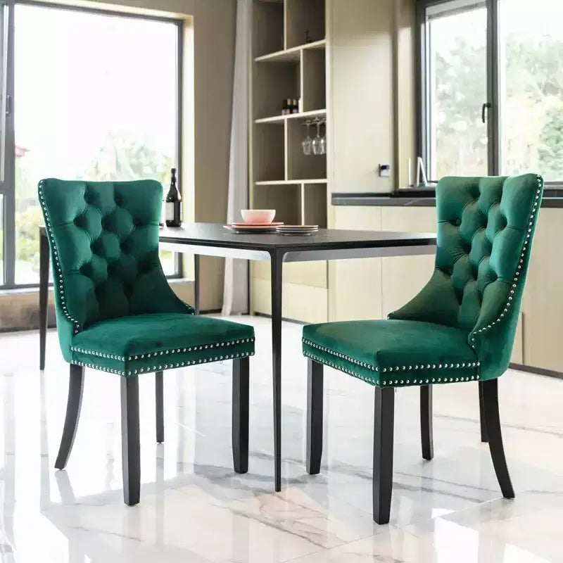 Chaises de salle à manger en velours avec pieds en bois, chaises de salle à manger avec garniture cloutée, chaises de salle à manger sans accoudoirs pour salon
