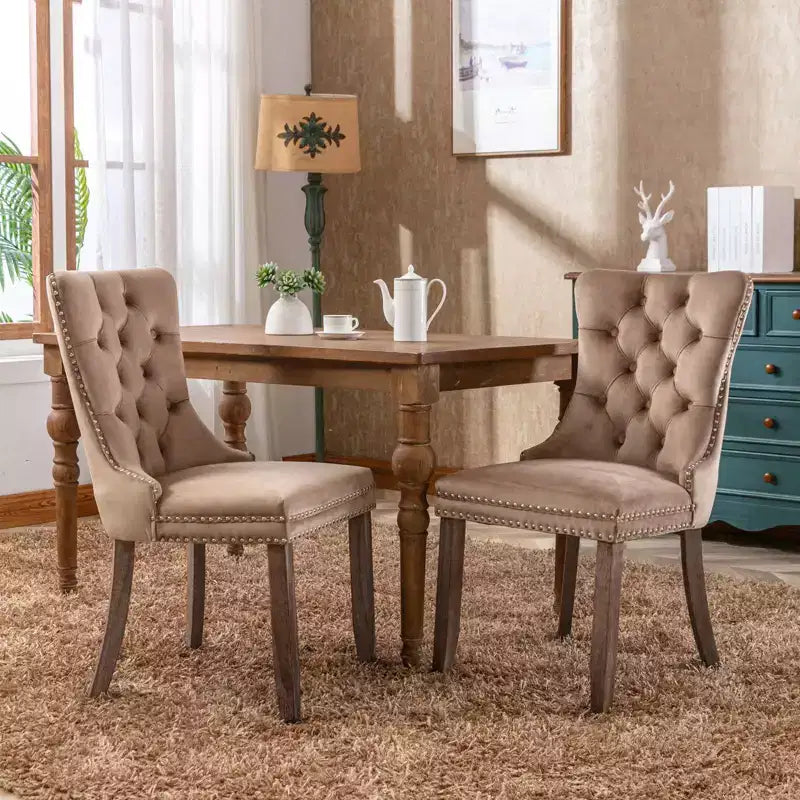 Chaises de salle à manger en velours avec pieds en bois, chaises de salle à manger avec garniture cloutée, chaises de salle à manger sans accoudoirs pour salon