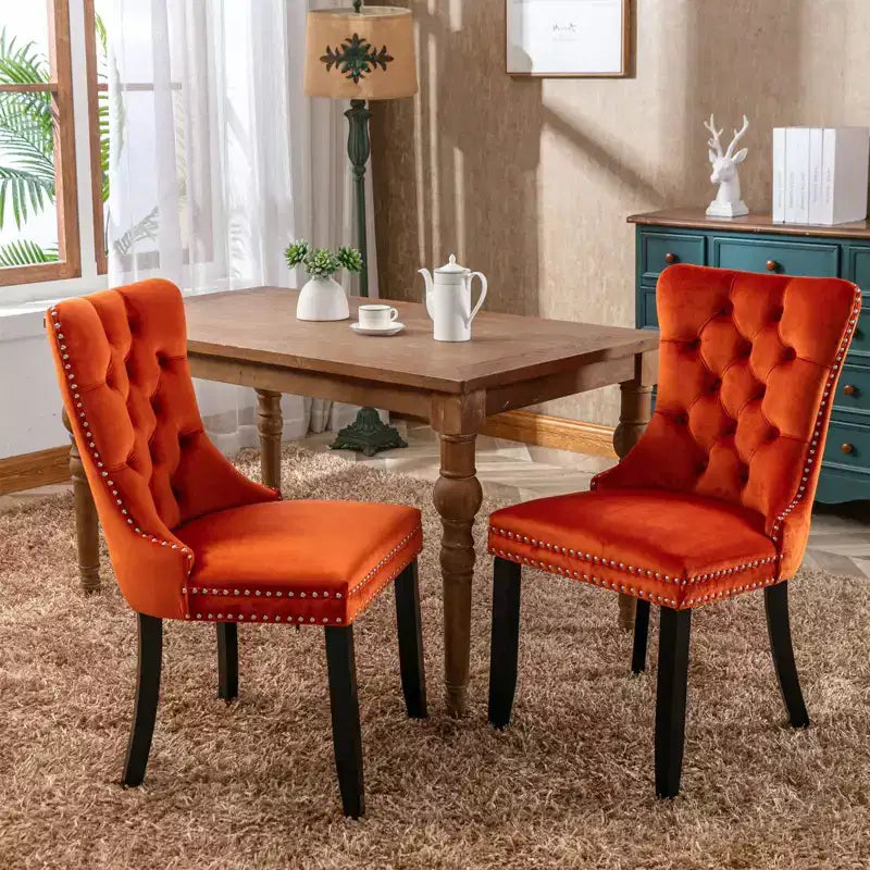 Chaises de salle à manger en velours avec pieds en bois, chaises de salle à manger avec garniture cloutée, chaises de salle à manger sans accoudoirs pour salon