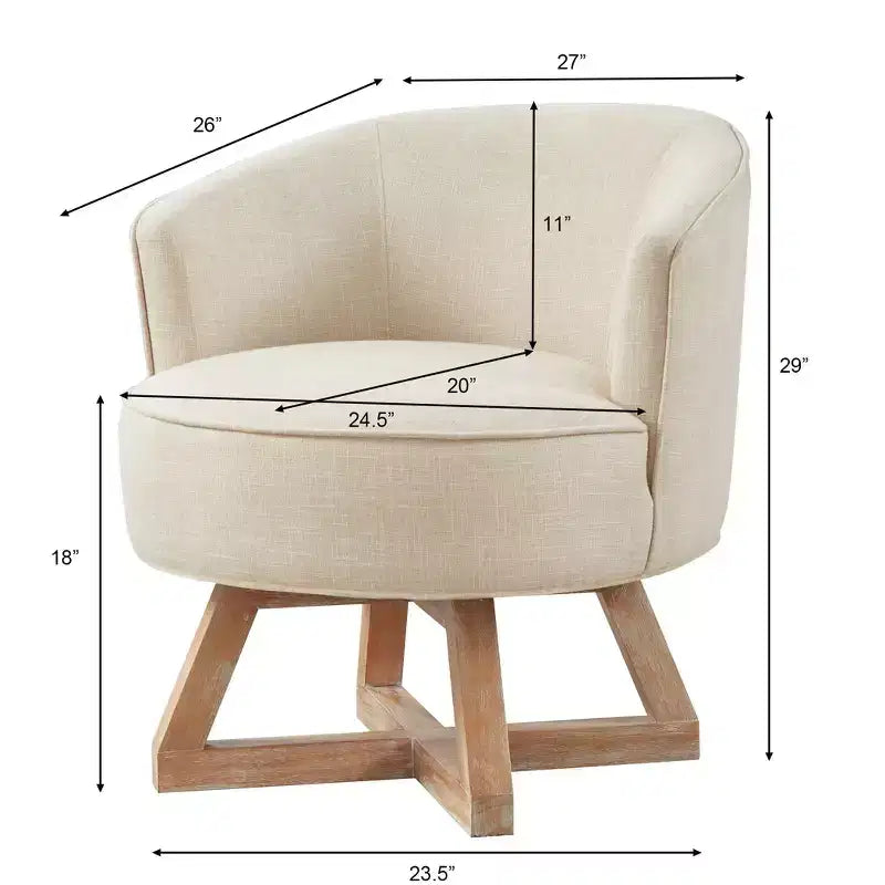 Fauteuil d'appoint pivotant moderne avec revêtement en lin, fauteuil confortable avec base en bois en croix, fauteuil de salon pour le salon, la chambre à coucher