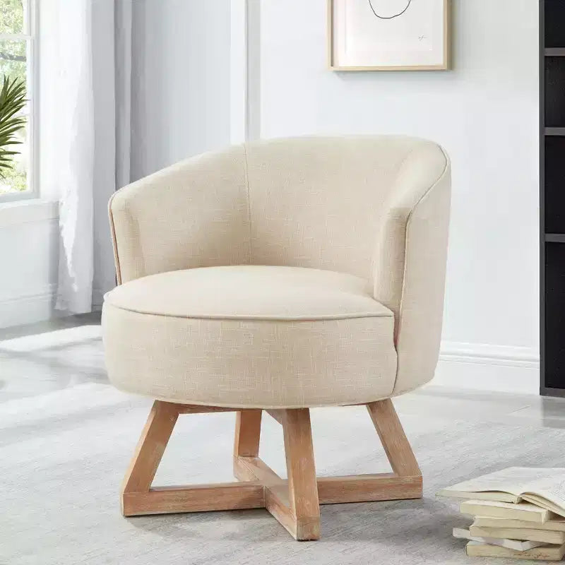 Fauteuil d'appoint pivotant moderne avec revêtement en lin, fauteuil confortable avec base en bois en croix, fauteuil de salon pour le salon, la chambre à coucher