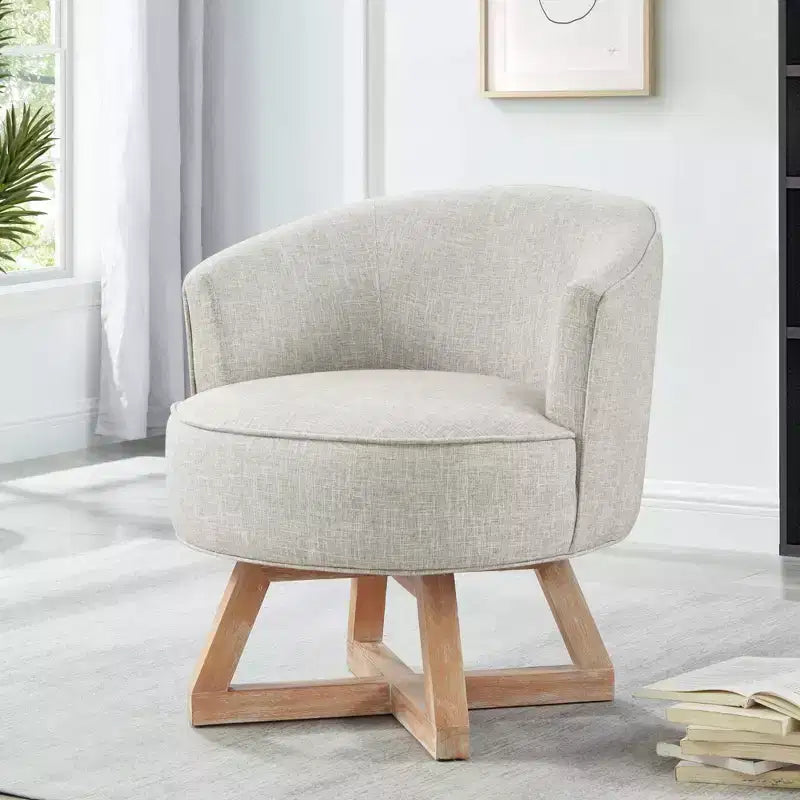 Fauteuil d'appoint pivotant moderne avec revêtement en lin, fauteuil confortable avec base en bois en croix, fauteuil de salon pour le salon, la chambre à coucher